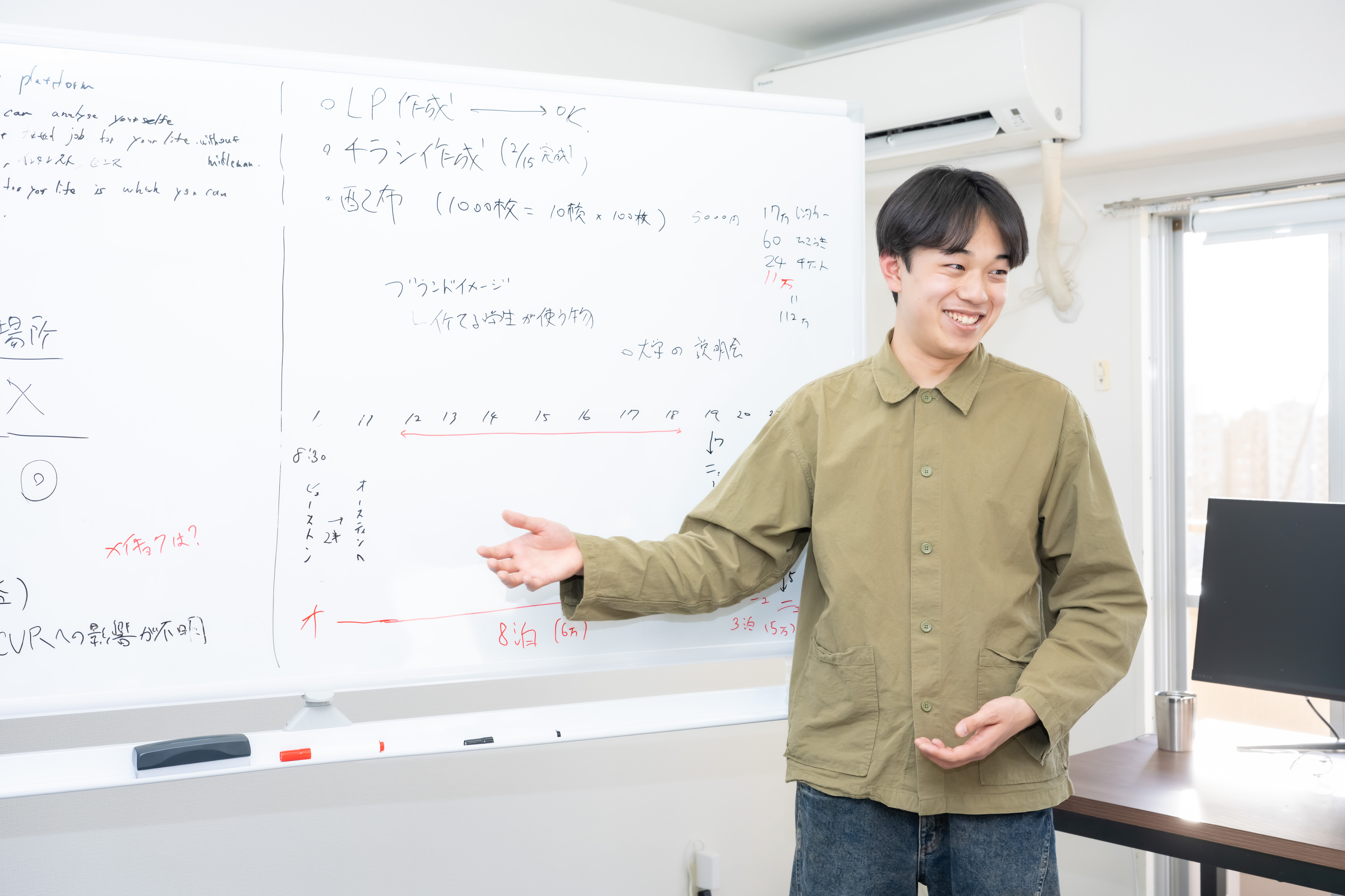 ホワイトボードを前に打ち合わせをするダツスカのメンバー